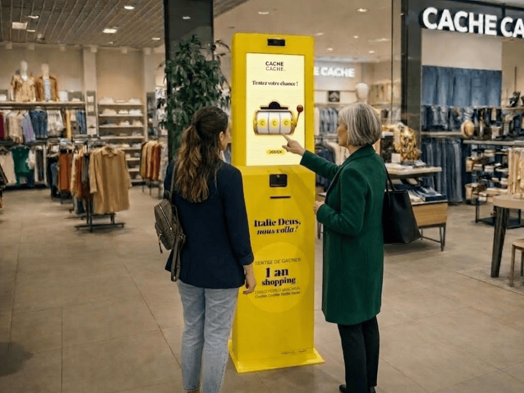 Activation-participants-borne de jeu-cache-cache- Participants jouant à un jeu concours avec une borne de jeu Weezio