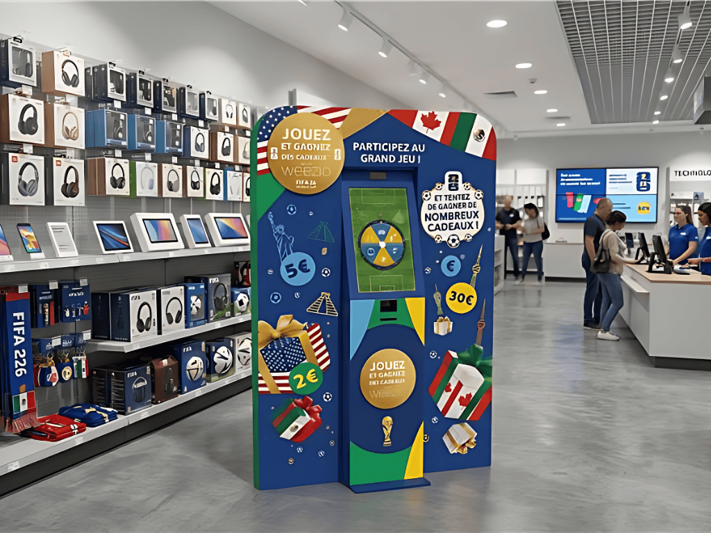 Borne de jeu interactive Weezy 27 Animation Coupe du Monde 2026 avec borne interactive Weezio et jeu marketing autour du football